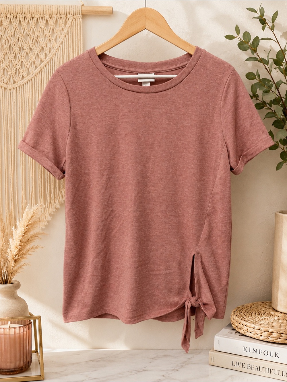 Dusty Rose Tie-Hem Short Sleeve Tee Size XL